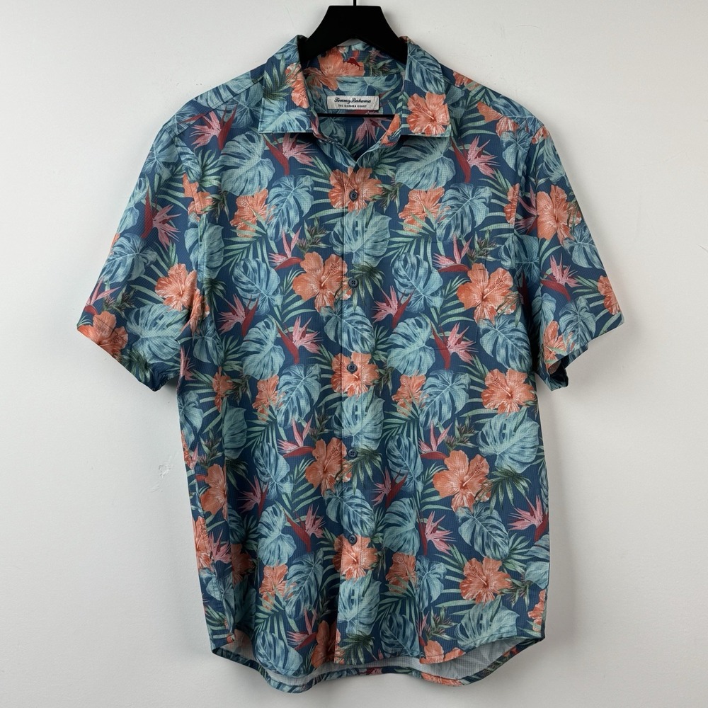 Tommy Bahama Button Up Shirt Mens L Blue Floral Coast Vacation Camp Short Sleeve